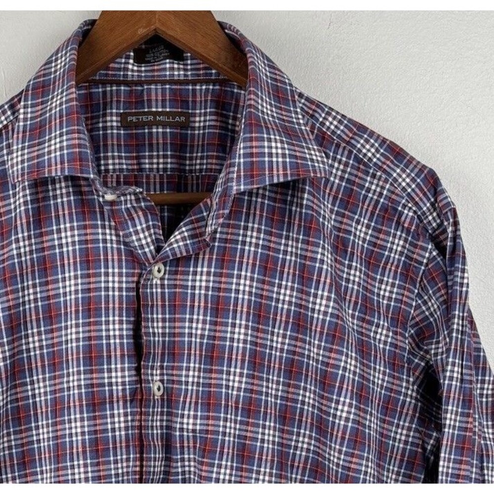 Peter Millar Button Up Shirt men’s Large blue Red White Plaid Long Sleeve Casual